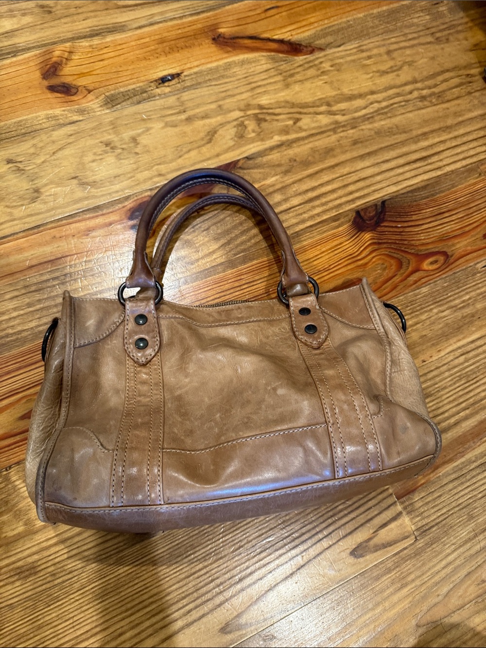 Frye Distressed Tan Leather Double-Handle Satchel